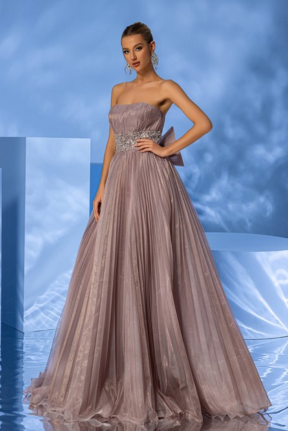 LittleNaive, Sheer Strapless Waist-Cinched Evening Gown, LT-1717