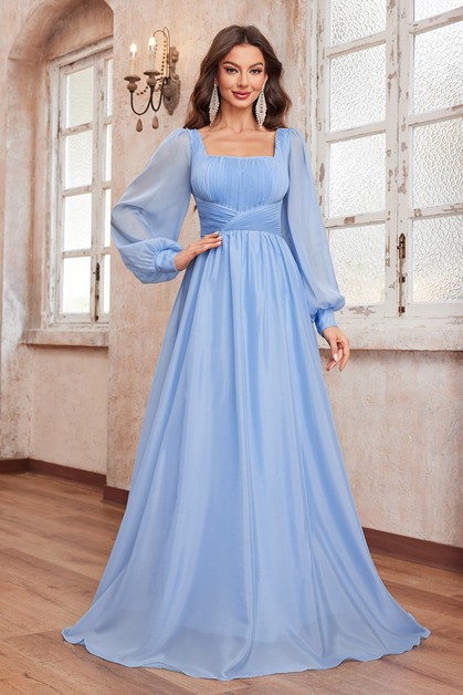 LittleNaive, Chiffon Square Neck Lantern Sleeve Maxi Dress, LT-1713