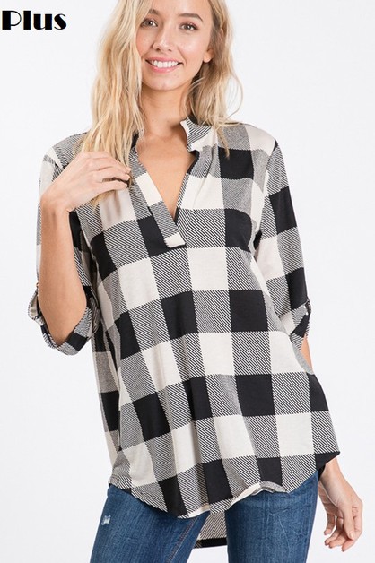 Sunday Morning, PLUS SIZE PLAID PRINT ROLL UP BUTTON SLEEVE TOP, T0210HS14PL