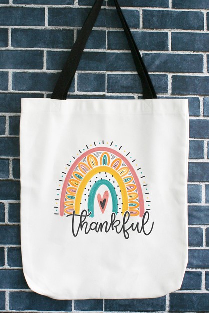 CALI BOUTIQUE, Thankful Rainbow Fall Thanksgiving Graphic Tote Bag, 58721b