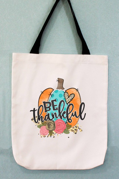 CALI BOUTIQUE, Be Thankful Pumpkin Floral Thanksgiving Fall Tote Bag, 63021b