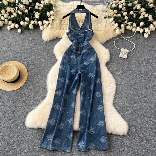 DE VAVE, Floral Halter Denim Jumpsuit, DVL409276J