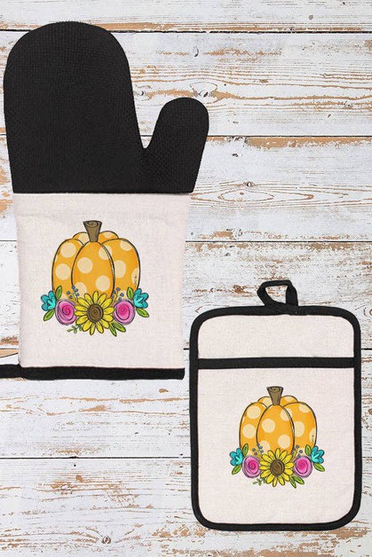 CALI BOUTIQUE, Fall Kitchen Polkadot Floral Pumpkin Oven Mitt Glove, 267224om