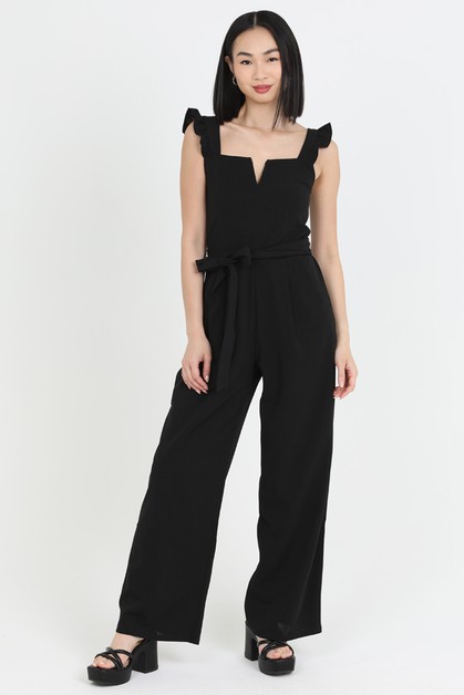 ANGIE, NOTCH NECK RUFFLE STRAP JUMPSUIT WITH POCKETS, X5158-ASIS