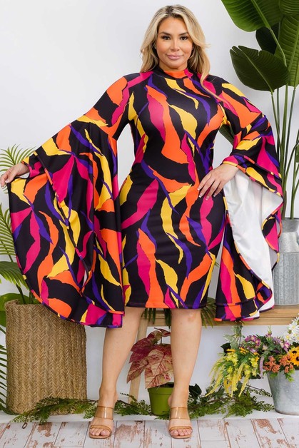 OMG STYLES, PLUS MULTI COLOR RUFFLE BELL SLEEVE MIDI DRESS, OD5249-3K2