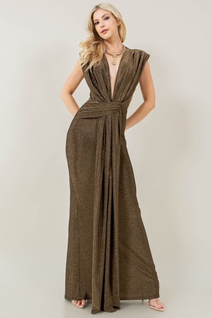 OMG STYLES, METALLIC KNIT SLEEVELESS V NECK DRAPE MAXI DRESS, OD9683M2