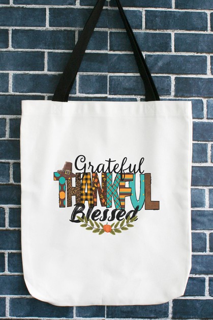 CALI BOUTIQUE, Grateful Thankful Blessed Pilgrim Hat Thanksgiving Tote Bag, 66021b