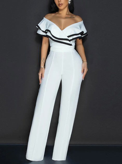 ENXIN INTERNATIONAL TRADING CO, Sexy Off Shoulder Ruffles Colorblock Belted Jumpsuit, CY-901263