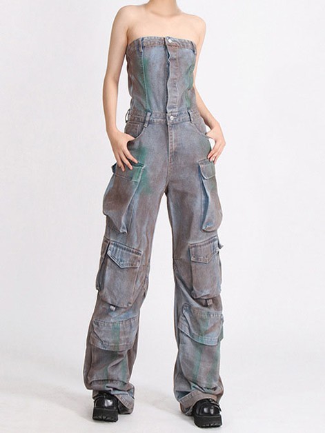 DE VAVE, Strapless Distressed Utility Jumpsuit, 24SPL074J