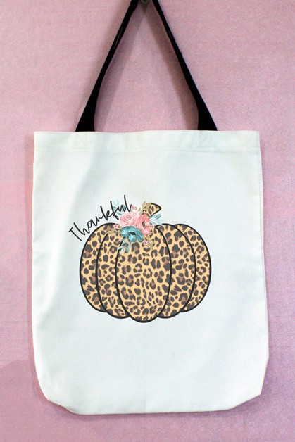 CALI BOUTIQUE, Thankful Left Floral Pumpkin Thanksgiving Graphic Tote Bag, 61721b