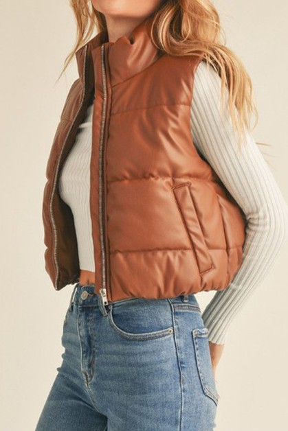 Up Clothing, FAUX LEATHER HIGH NECK ZIP UP PUFFER VEST, undefined