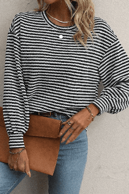 SHIYING FASHION, Black Stripe Round Neck Drop Shoulder Long Sleeve Top, undefined