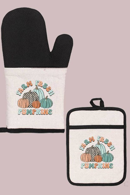 CALI BOUTIQUE, Fall Kitchen Farm Fresh Pumpkins Blue Orange Oven Mitt Glove, 529224om