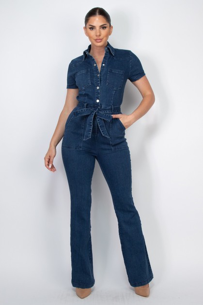 I LOVE S&S, Belted Bell Bottom Denim Jumpsuit, HMP40842