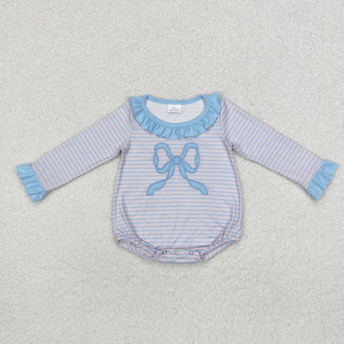 Yawoo Garments, Long sleeves light blue bow stripe baby girls romper, undefined