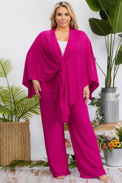 OMG STYLES, PLUS SOLID BUBBLE FABRIC CAPE AND PANT SET, OS2359K2