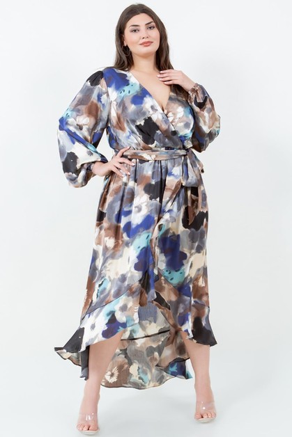 OMG STYLES, PLUS PRINTED SATIN WRAP TIE WAIST DRESS, OD8393XM2