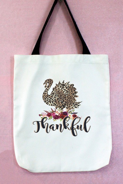 CALI BOUTIQUE, Leopard Thankful Floral Turkey Thanksgiving Tote Graphic Bag, 61021b