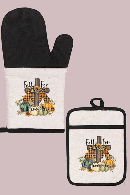 CALI BOUTIQUE, Fall Kitchen Fall For Jesus He Never Leaves Oven Mitt Glove, 176224om