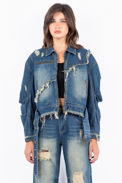 AMERICAN BAZI, PLUS SIZE FRAYED EDGE PATCHWORK DENIM JACKETS, RJK-9468-PLUS