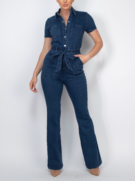 Light So Shine, Belted Bell Bottom Denim Jumpsuit, NHMP40842