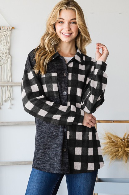 Sunday Morning, PLUS SIZE LONG PUFF SLEEVE SOLID AND PLAID SHACKET, J2567HE11PL