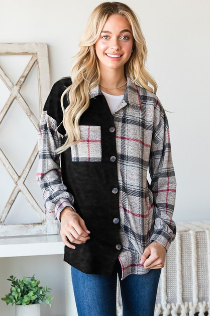 Sunday Morning, PLUS LONG PUFF SLEEVE SOLID AND PLAID SHACKET, J2567HE12PL