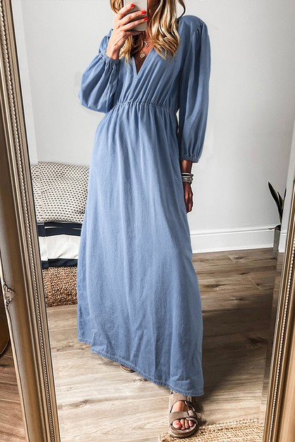 Wellda, Chambray Deep V Neck Bracelet Sleeve Maxi Dress, WD786728-P1204