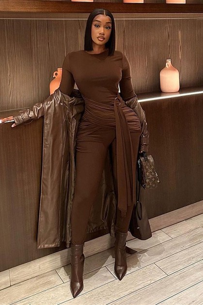 MAEJOY FASHION, round neck belted ruched jumpsuit, JS782