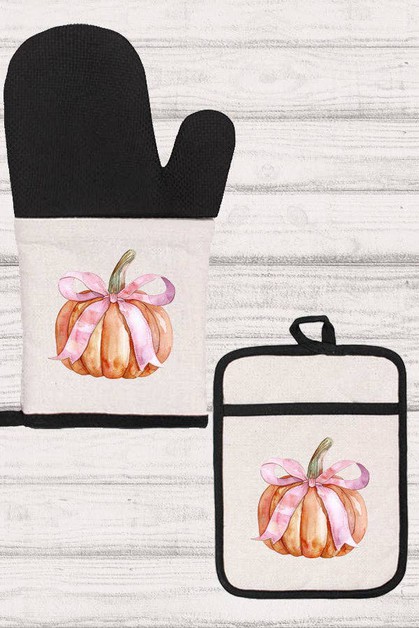 CALI BOUTIQUE, Fall Kitchen Orange Pumpkin Pink Bow Oven Mitt Glove, 200225om