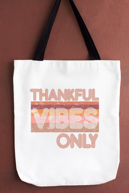 CALI BOUTIQUE, Thankful Vibes Only Colorful Thanksgiving Fall Graphic Tote, 84721b