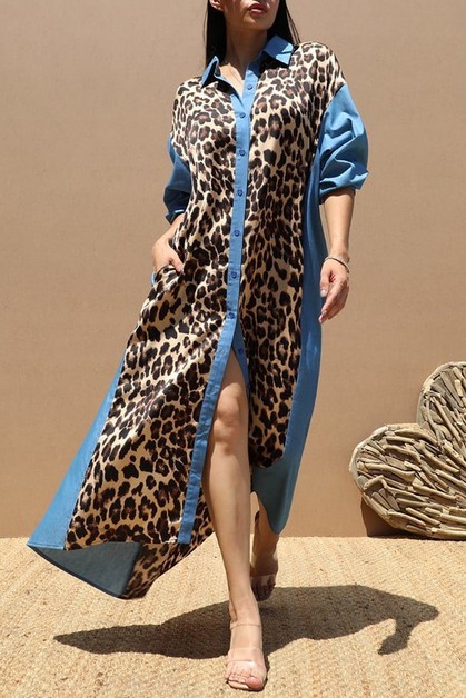 BLACK PEARL CLOTHINGZ, DENIM FUSION LEOPARD DRESS, D6586DD