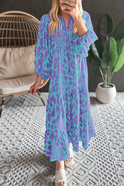 AIREFUL, Abstract Print Puff Sleeve Tied Notched Neck Long Dress, AF6121461-P420