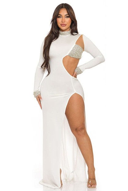 OMG STYLES, LONG SLEEVE SIDE CUTOUT MAXI DRESS, OD14405Q2