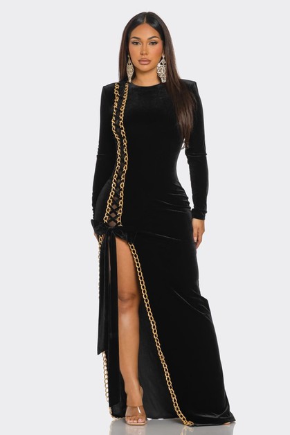 OMG STYLES, GOLD CHAIN EMBELLISHED SOLID VELVET MAXI DRESS, OD79336B1