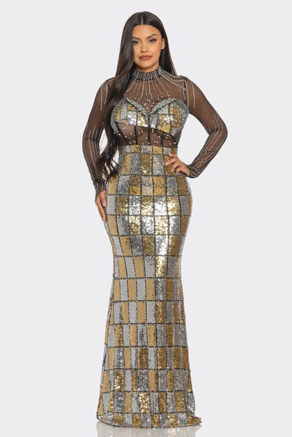 Dorcas Clothing, HIGH NECK SEQUIN MOSAIC MAXI DRESS, DD33717B1